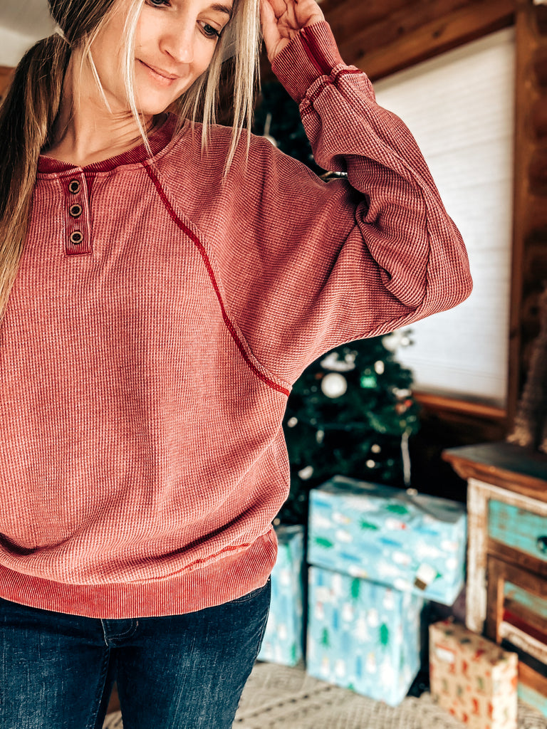 Waffle Knit Henley Sweatshirt