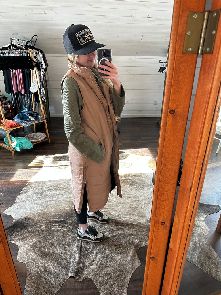 Kendall Long Puffer Vest - Tan