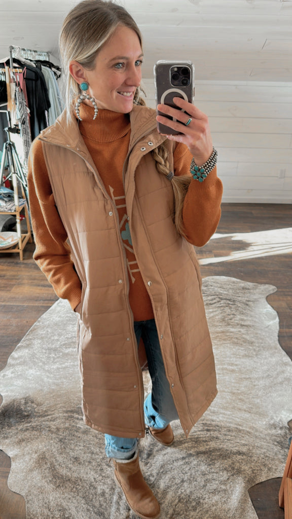 Kendall Long Puffer Vest - Tan