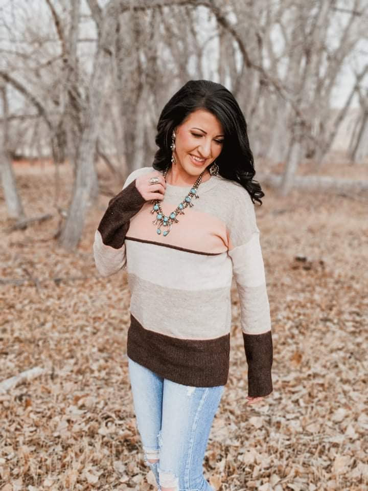 Taupe and Peach Colorblock Sweater