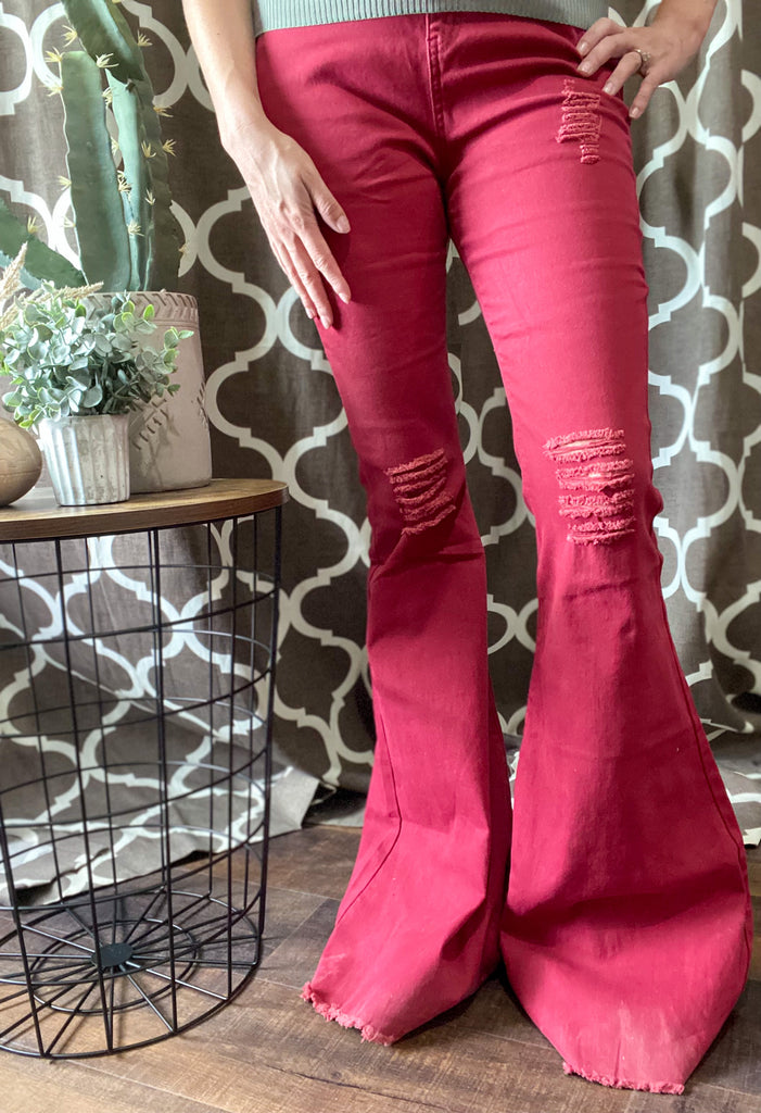 Wine Distressed Flare Jeans